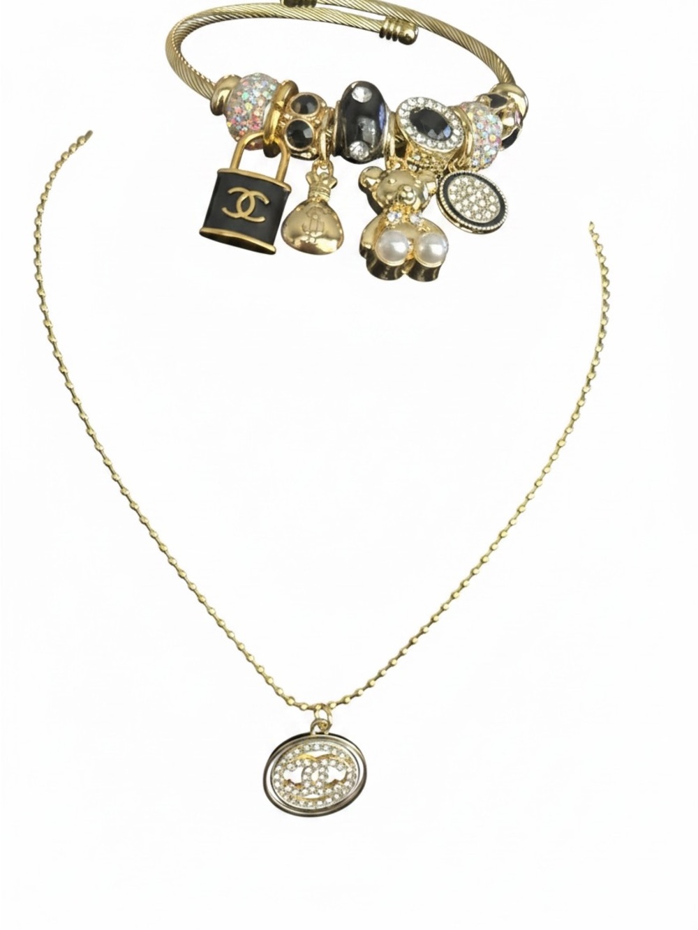 Gold Charm Bracelet with Black Enamel Accent - Designer Style